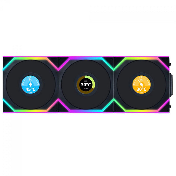 Kit Fan Com 3 Unidades Lian Li Uni Fan SL Wireless LCD, Reverse Blade, ARGB, 120mm, Com Tela, Black, 12RSLLCD1W3B