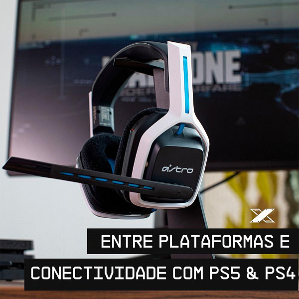 Headset Sem Fio Gamer ASTRO A20 Gen 2, USB, para PlayStation 5/4 PC Mac, Branco/Azul - 939-001877