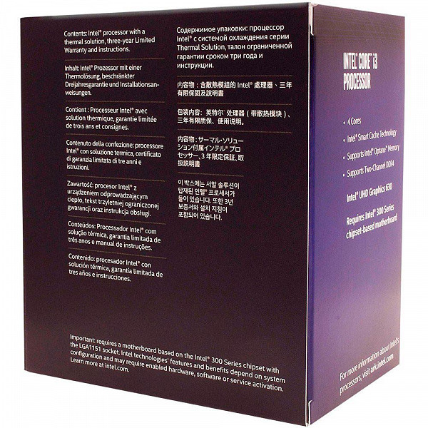 Processador Intel Core i3-8100 Coffee Lake 8a Geração, Cache 6MB, 3.6GHz, LGA 1151 Intel UHD Graphics 630 - BX80684I38100