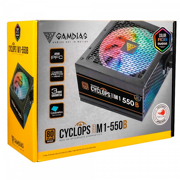 Fonte Gamdias Cyclops M1-550B, 550W, RGB, 80 Plus Bronze, Cybenetics, Teclab, PFC Ativo