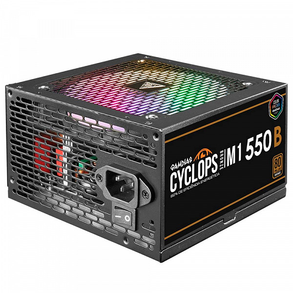 Fonte Gamdias Cyclops M1-550B, 550W, RGB, 80 Plus Bronze, Cybenetics, Teclab, PFC Ativo