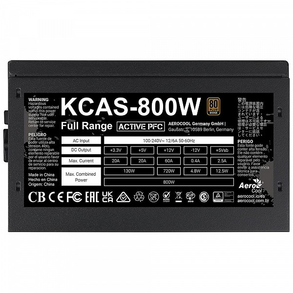 Fonte Aerocool ATX 800W, 80 Plus Bronze, não-modular, PFC Ativo, bivolt automática, sem LED/RGB, com cabo KCAS-800W