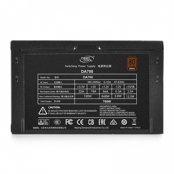 Fonte DeepCool DA700N 700W, 80 Plus Bronze, PFC Ativo