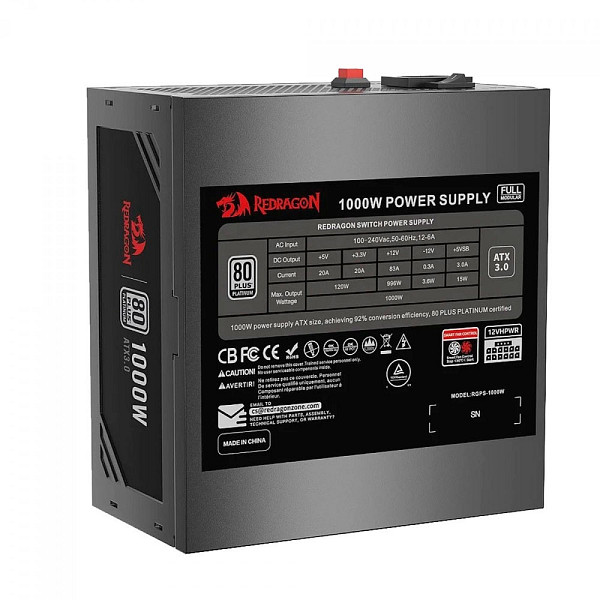 Fonte Redragon RGPS, 1000W, ATX 3.0, 80 Plus Platinum, Com Conector PCIe 5.0, Full Modular, PFC Ativo, GC-PS017