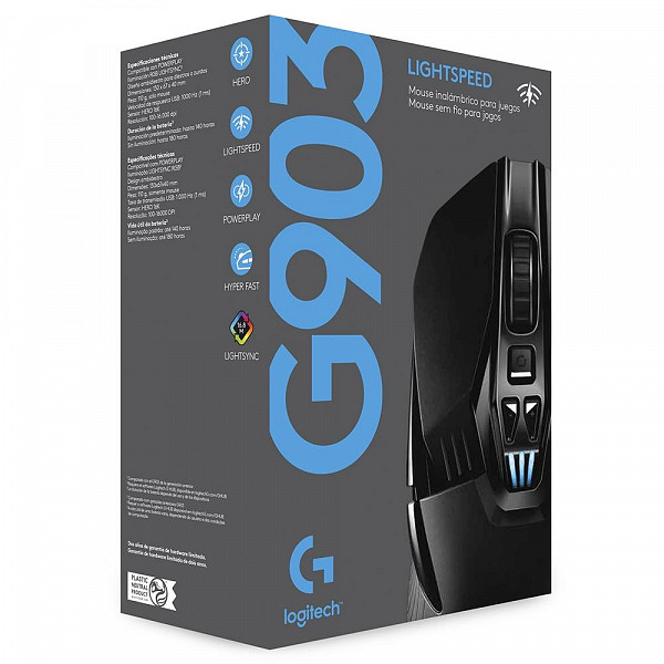 Mouse Sem Fio Gamer Logitech G903 Hero 16k Lightspeed, Recarregável, RGB Lightsync, 11 Botões, 16000DPI - 910-005671
