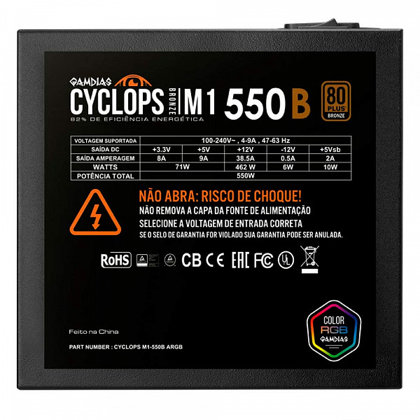 Fonte Gamdias Cyclops M1-550B, 550W, RGB, 80 Plus Bronze, Cybenetics, Teclab, PFC Ativo