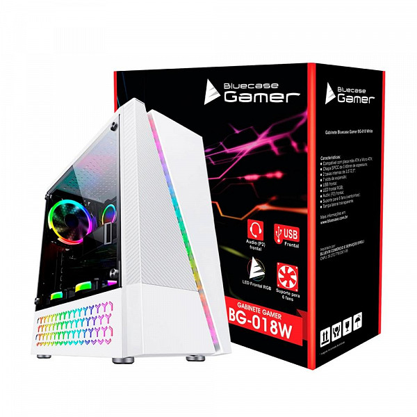 Gabinete Gamer Bluecase BG-018, Mid Tower, RGB, Lateral em Acrílico, Branco - BG018WGCASE