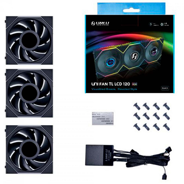 Kit Fan Com 3 Unidades Lian Li Uni Fan TL LCD, RGB, 120mm, Com Tela, Preto, 12TLLCD3B BLACK