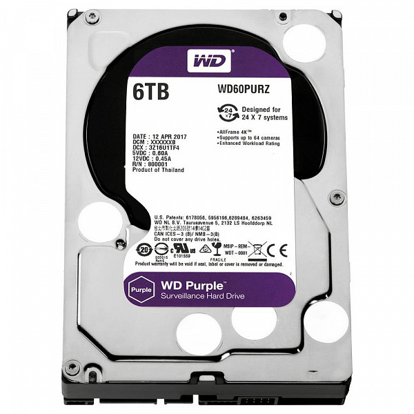 HD WD SATA 3,5´ Purple Surveillance 6TB IntelliPower 64MB Cache SATA 6.0Gb-s - WD60PURZ